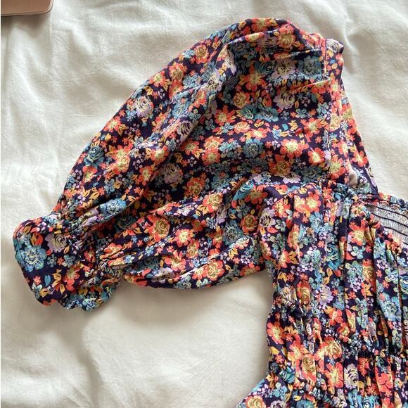 Free People Show Me Love Linen Blend Floral Romper Puff Sleeve Pockets Medium - Picture 6 of 13